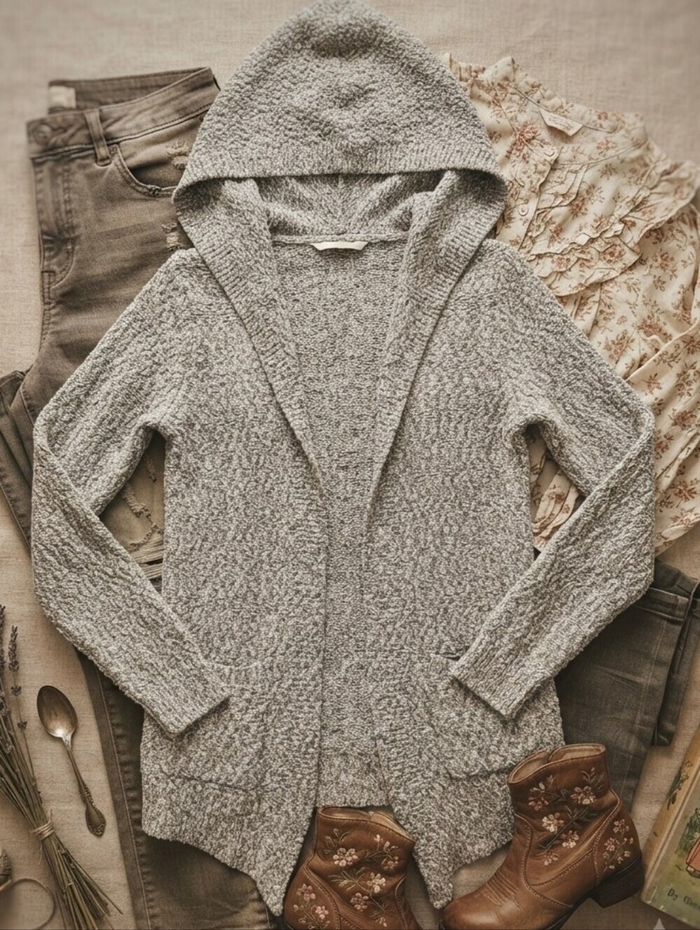 Abercrombie Kids Gray Knit Open Front Hooded Cardigan